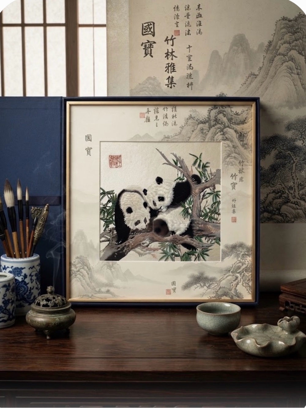 China Shu Brocade / Embroidery Frame Pair of Panda Bears In Original Box